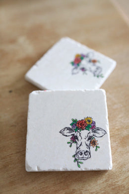 Floral Crown Cow Head Marble Coasters/ floral coasters/ cow coasters/ tile stone marble natural drink coasters/ marble coaster set