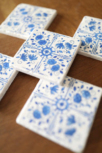 Delft Blue Painted tile Coaster, Grand Millennial Decor, Blue Painted marble coasters