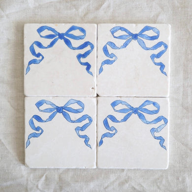 Blue Bow Marble Coasters, gift for grand millennial, coastal grandmother decor, blue and white decor, hand painted bow