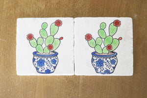 Cactus Chinoiserie Potted Marble Coaster Set