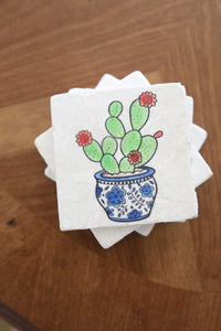 Cactus Chinoiserie Potted Marble Coaster Set