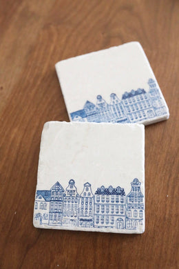 Delft Blue Canal Houses Marble Coaster Set