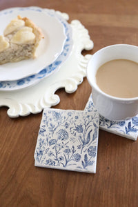 Blue and White botanical marble coasters