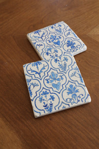 Blue and White botanical hand painted marble coasters