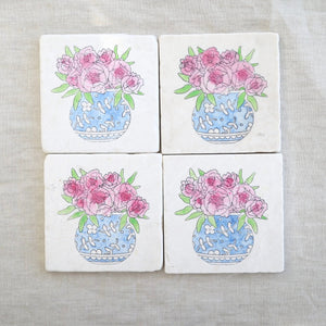 Peonies in Vase Marble Coasters