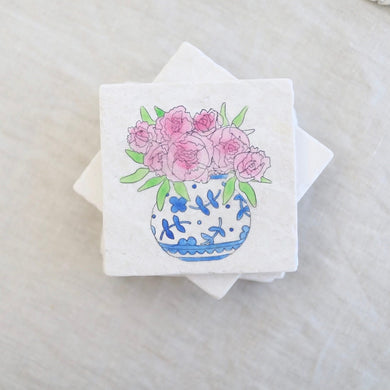 Peonies in Vase Marble Coasters