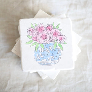 Peonies in Vase Marble Coasters