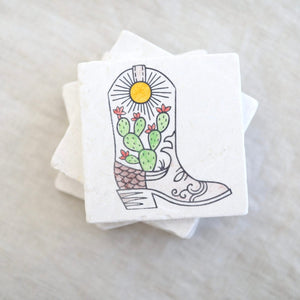 Cowboy Boot Prickly Pear Marble Coasters