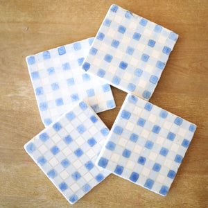 Painted Blue Buffalo Check Marble Coasters