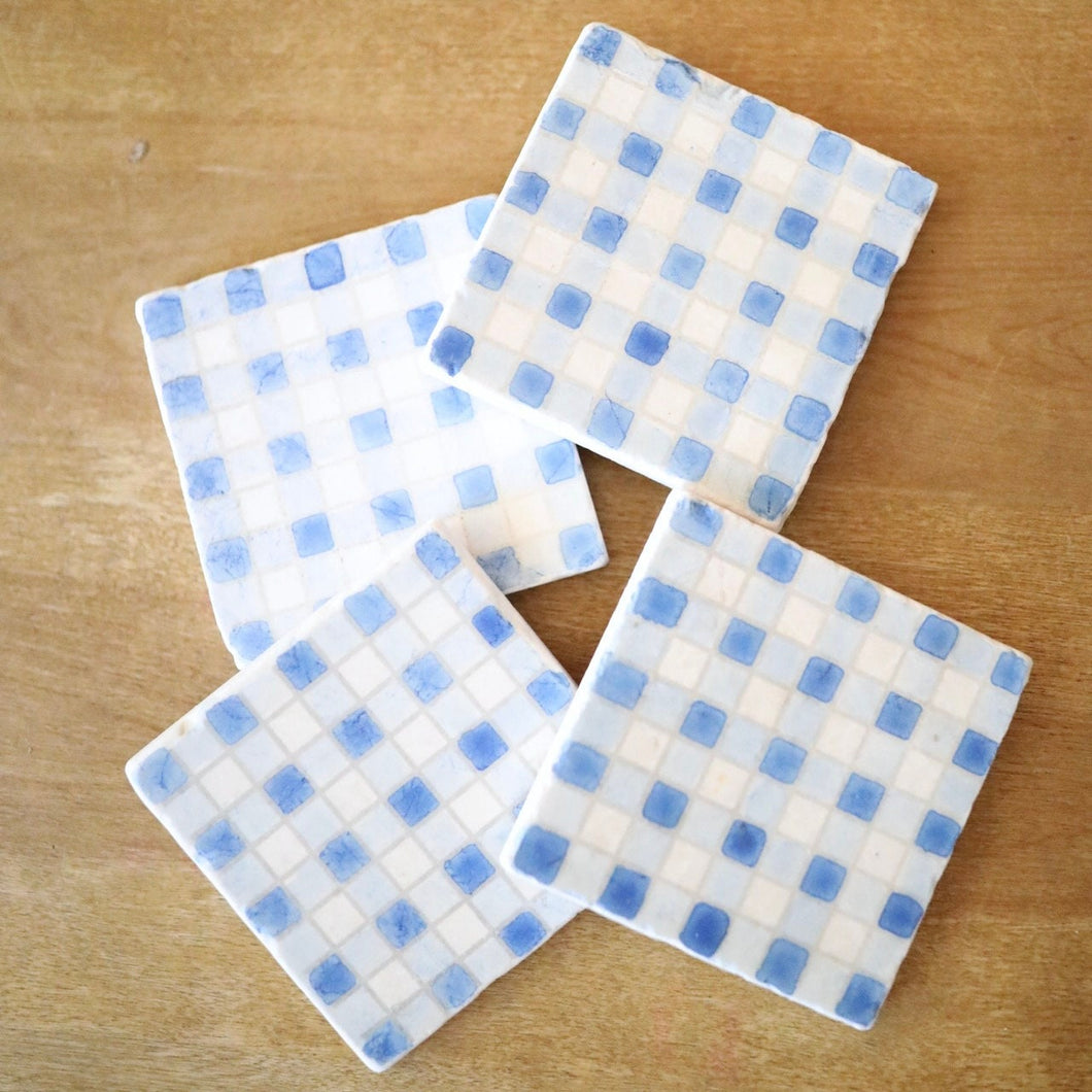 Painted Blue Buffalo Check Marble Coasters