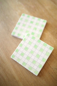 Green Painted Buffalo Check Marble Coasters/ Buffalo Plaid coasters/ baby shower gift. stone marble drink coasters