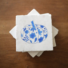 Delft Blue and White Pumpkin Coasters, blue and white home decor, blue and white Delft marble coasters