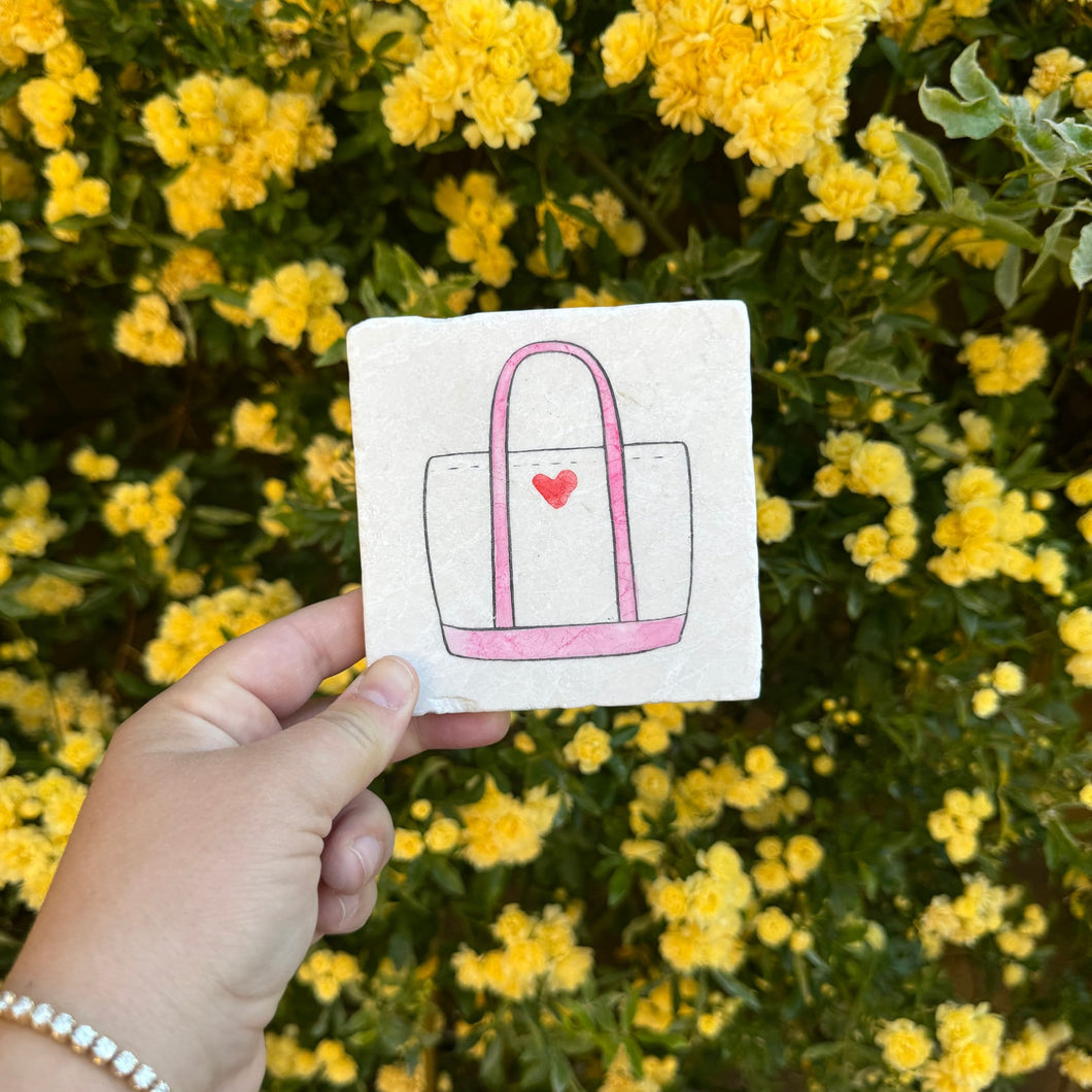 Heart Beach Tote Bag Marble Coaster/ grandmillennial marble coasters/ beach cottage decor