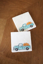 Blue Fall Truck with Pumpkins Painted Marble Coaster- hand painted coaster, fall decor, marble stone drink coaster