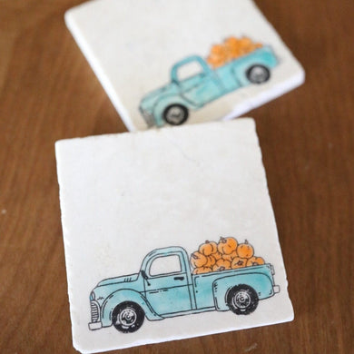 Blue Fall Truck with Pumpkins Painted Marble Coaster- hand painted coaster, fall decor, marble stone drink coaster