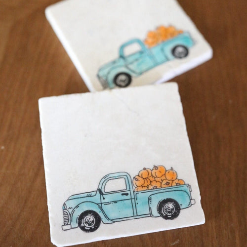 Blue Fall Truck with Pumpkins Painted Marble Coaster- hand painted coaster, fall decor, marble stone drink coaster