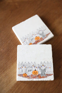 Painted Halloween Scene Halloween Marble Coasters with jack-o-laterns and head stone- halloween decor, halloween coasters, stone coasters