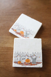 Painted Halloween Scene Halloween Marble Coasters with jack-o-laterns and head stone- halloween decor, halloween coasters, stone coasters