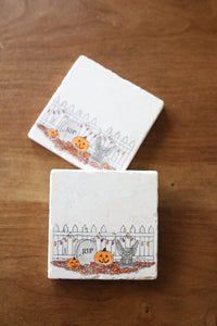 Painted Halloween Scene Halloween Marble Coasters with jack-o-laterns and head stone- halloween decor, halloween coasters, stone coasters