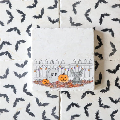 Painted Halloween Scene Halloween Marble Coasters with jack-o-laterns and head stone- halloween decor, halloween coasters, stone coasters