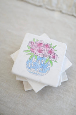 Peonies in Vase Marble Coasters