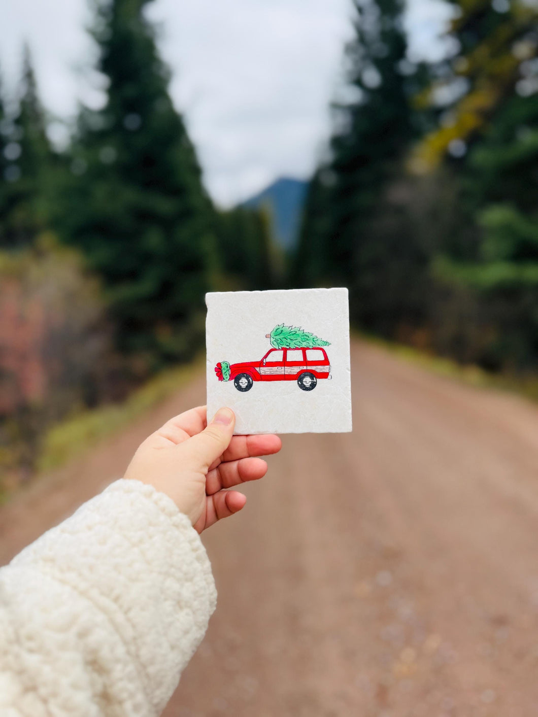 Vintage Christmas Truck with Christmas Tree marble coasters, holiday Christmas home decor, marble stone drink coasters