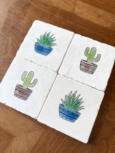 Cactus and Succulent Marble Coasters - Hand Stamped and Painted