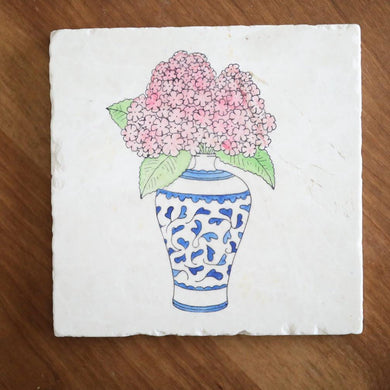 Hydrangea Flower blue and white Ginger Jar floral marble coaster for housewarming bridal shower gift wedding registry for grand millennial
