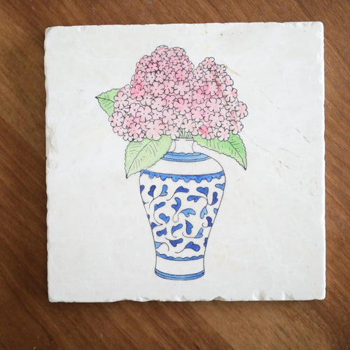 Hydrangea Flower blue and white Ginger Jar floral marble coaster for housewarming bridal shower gift wedding registry for grand millennial