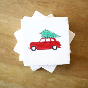 Vintage Car with Christmas Tree Marble Coasters