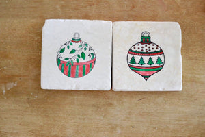 Vintage Christmas Ornament marble coaster set - christmas decor, marble stone custom drink coasters, Christmas coasters