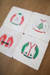 Ugly Christmas Sweater Coasters/ Christmas Decorations/ Santa costume/ Snowman/ christmas tree/ stone coaster set