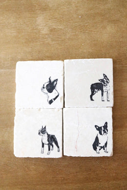 Boston terrier marble coasters with four different Boston terrier designs