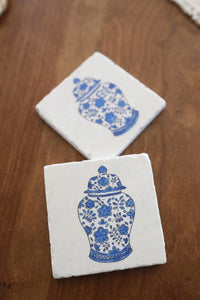 Blue and white ginger jar marble coasters set, chinoiserie home decor, ginger jar decor, grandmillenial, delft blue