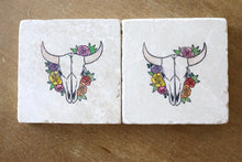 Floral Steer head coasters hand painted, cow head decor, steer head decor, marble coaster set, stone coasters
