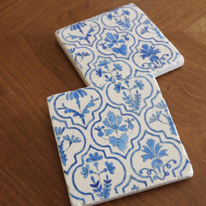 Blue and White botanical hand painted marble coasters