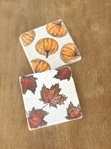 Fall Coasters/ Fall Decor/ Marble Coaster /Pumpkin and leaf Marble Coaster /Halloween Coasters/ Thanksgiving Coasters/ Marble Coasters