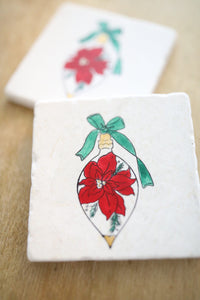 Christmas Ornament Marble Coasters- Poinsettia marble coasters- stone coaster set- holiday hostess gift
