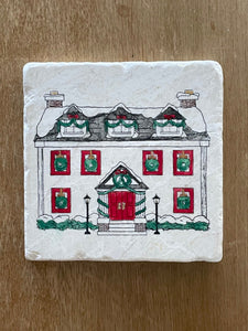 Christmas House Coaster Trivet Set/ Colonial Christmas house decor/ christmas decor marble coasters/ Christmas gift set