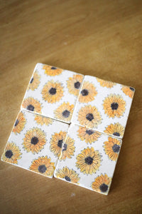 Sunflower Coaster, hand painted Sunflower marble coaster set, sunflower gift