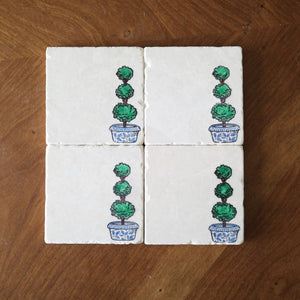 Topiary Tree Coasters/ ginger jar topiary/ boxwood topiary/ potted topiary tree/ unique housewarming gift/ marble stone drink coasters