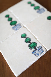 Topiary Tree Coasters/ ginger jar topiary/ boxwood topiary/ potted topiary tree/ unique housewarming gift/ marble stone drink coasters