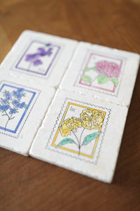 4 Floral Postage Stamp Coasters/ Unique Mother's Day Gift/ free shipping/ Gift for her idea/ Gift for mom/ Marble Coasters/ Stone coasters