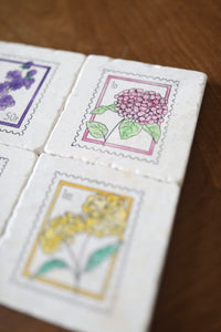4 Floral Postage Stamp Coasters/ Unique Mother's Day Gift/ free shipping/ Gift for her idea/ Gift for mom/ Marble Coasters/ Stone coasters