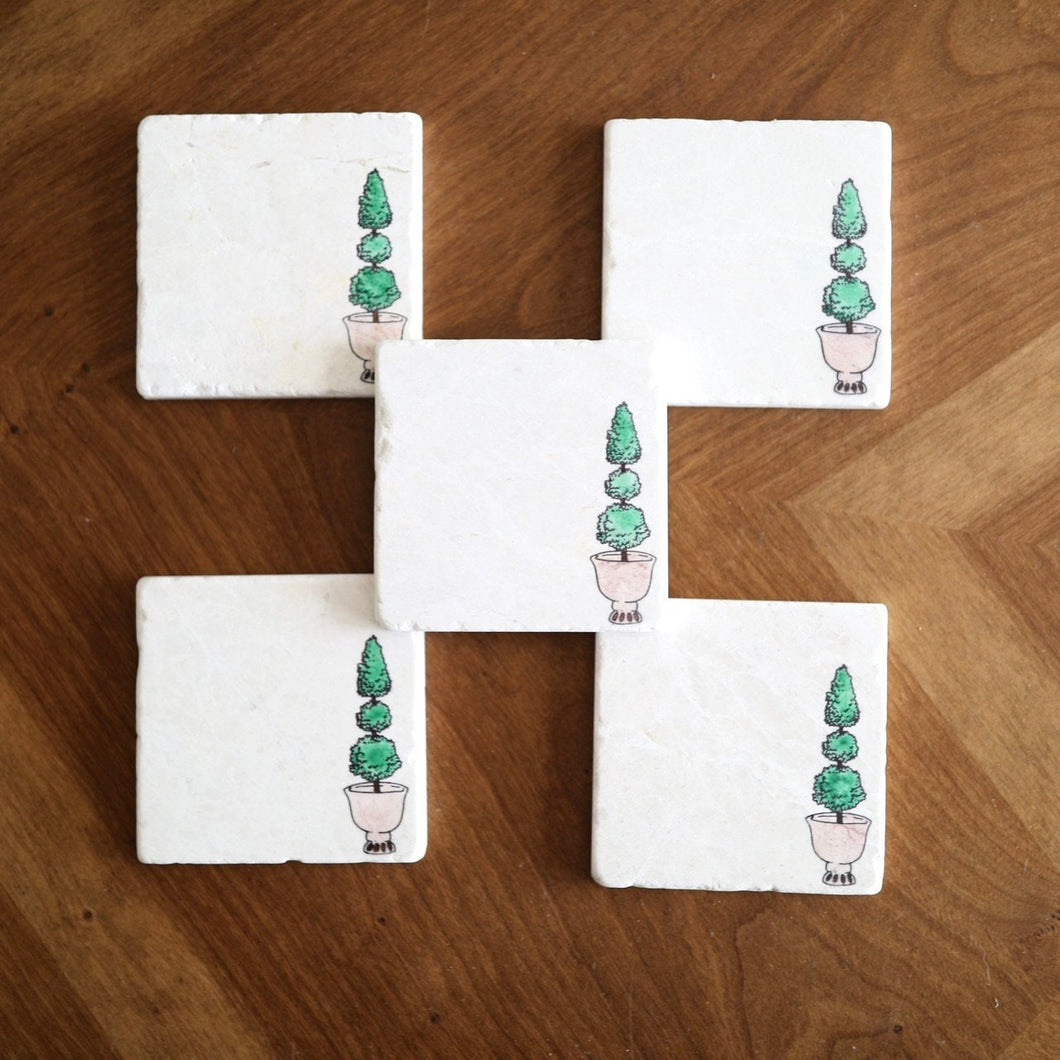 Topiary Tree Marble Coasters/ boxwood topiary/ gift for her/ free shipping/  unique housewarming gift/stone drink coasters