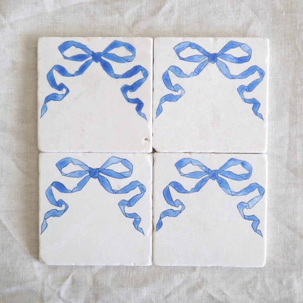 Blue Bow Marble Coasters, gift for grand millennial, coastal grandmother decor, blue and white decor, hand painted bow