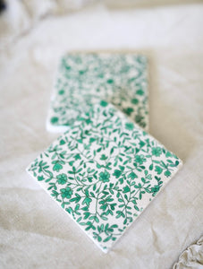 Green Floral Vine Marble Coasters- grand millennial home decor- stone marble coasters
