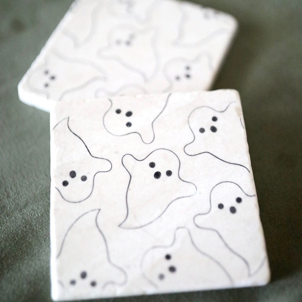 Ghost Marble Coasters/ Cute ghost decor/ halloween home decor/ halloween marble coasters/ stone marble drink coasters