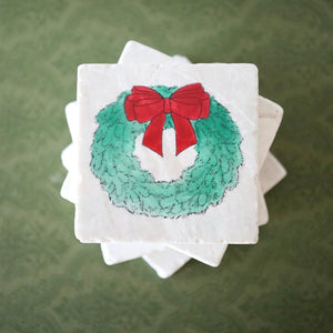 Christmas Wreath Coaster/ Christmas Wreath with red bow/ painted Christmas wreath/ holiday home decor/ stone marble drink coaster