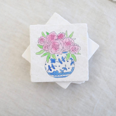 Peonies in Vase Marble Coasters/ Blue and White vase/ Peony flower coasters/ grand millennial decor